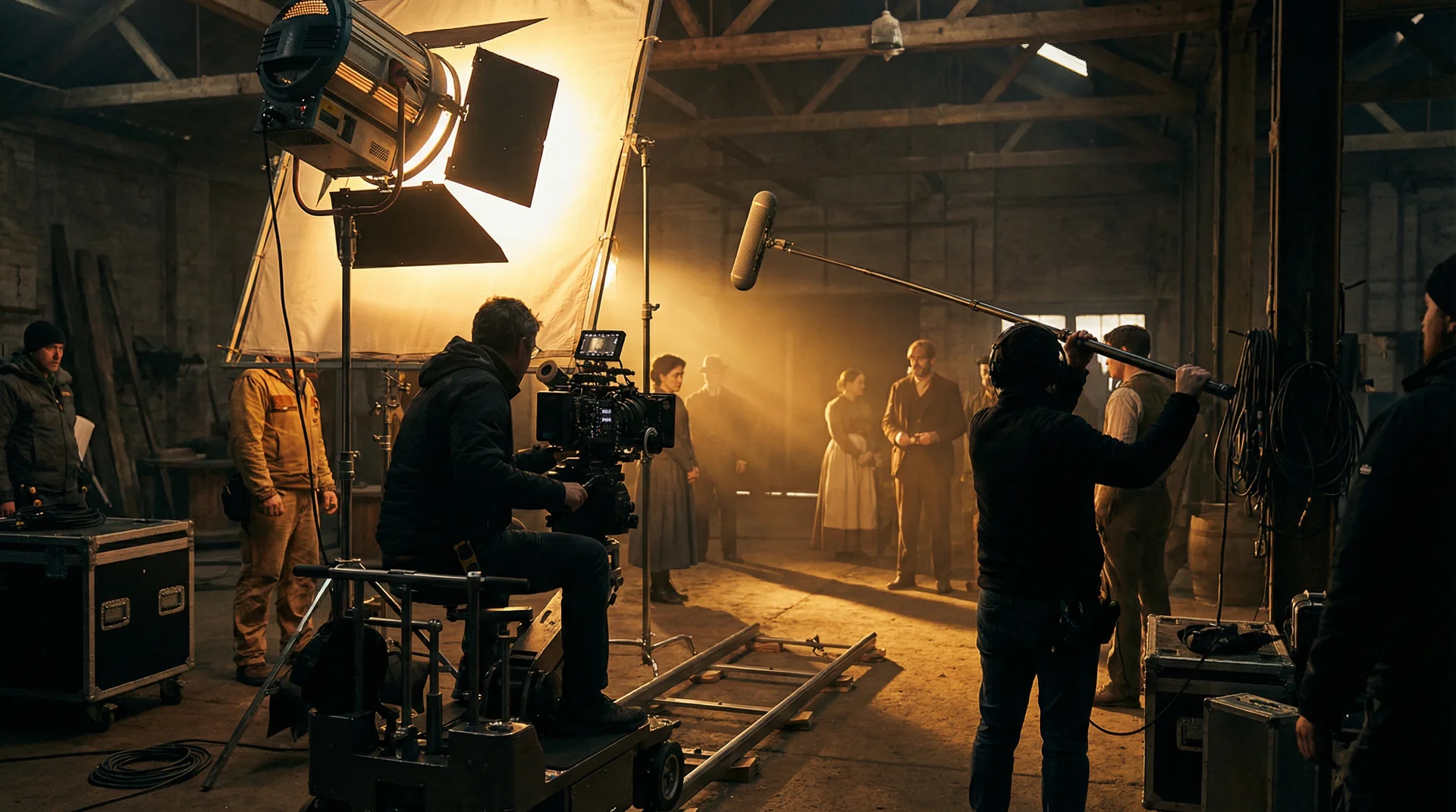 水果派 片场实拍，摄影团队在暖色灯光下紧张工作