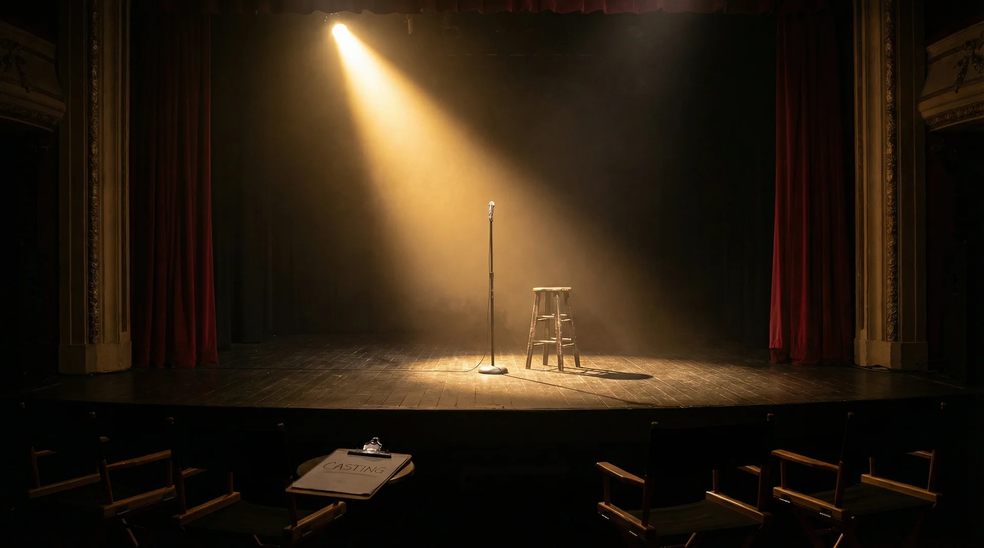 水果派 选角现场，聚光灯下的空舞台等待演员登场