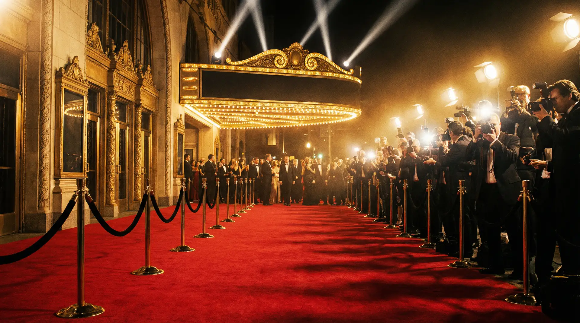 水果派 首映礼红毯盛况，金色聚光灯照亮夜空