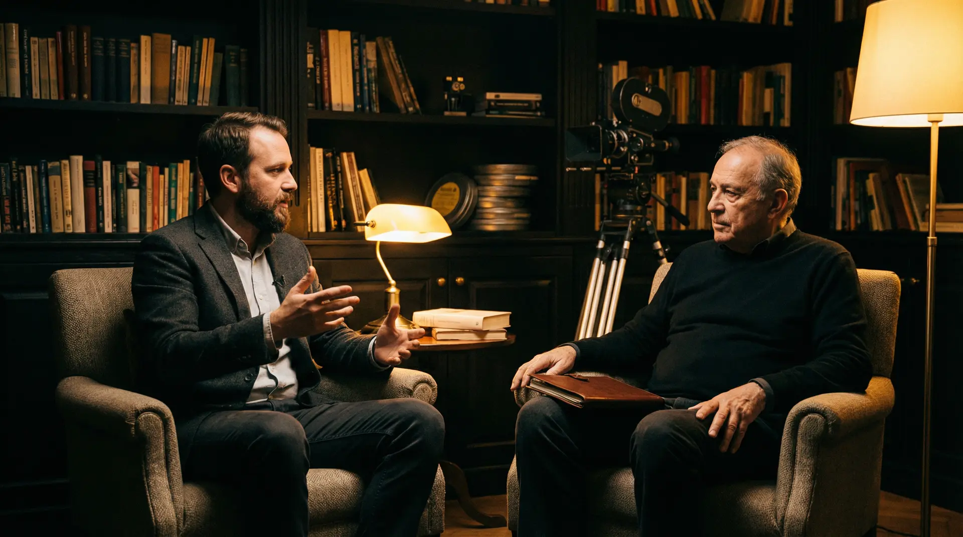 水果派 独家专访现场，导演陈墨白与主持人在书房中深度对话