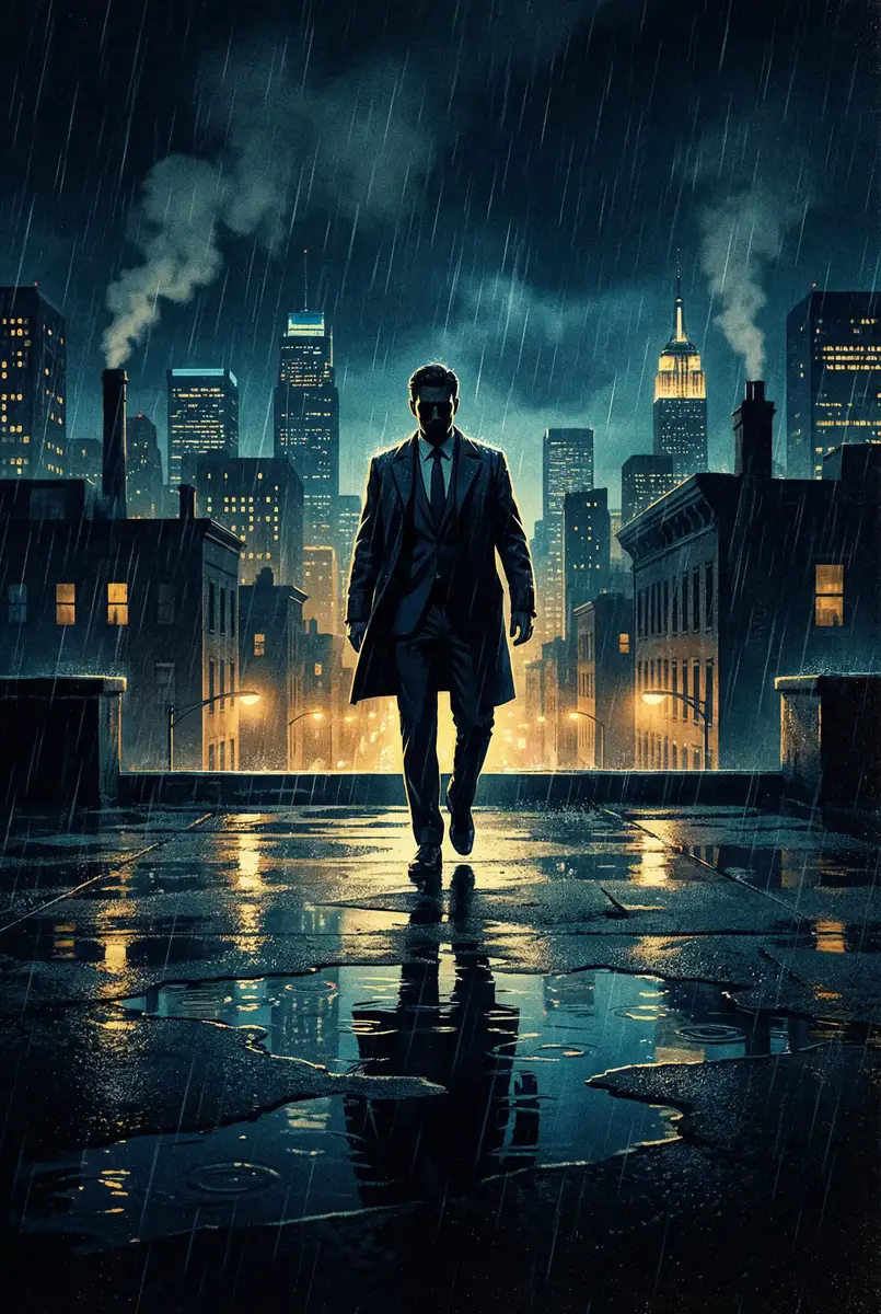 水果派 出品影片《雨夜独行者》海报，雨中城市屋顶男性剪影